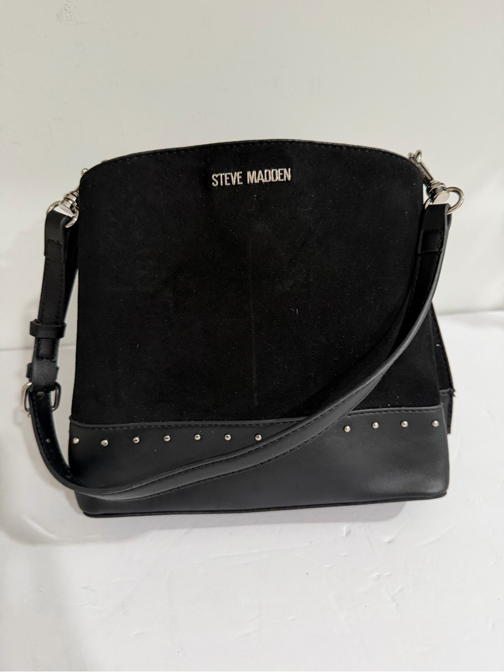 Steve Madden Black Suede & Leather Crossbody with Silver Studs